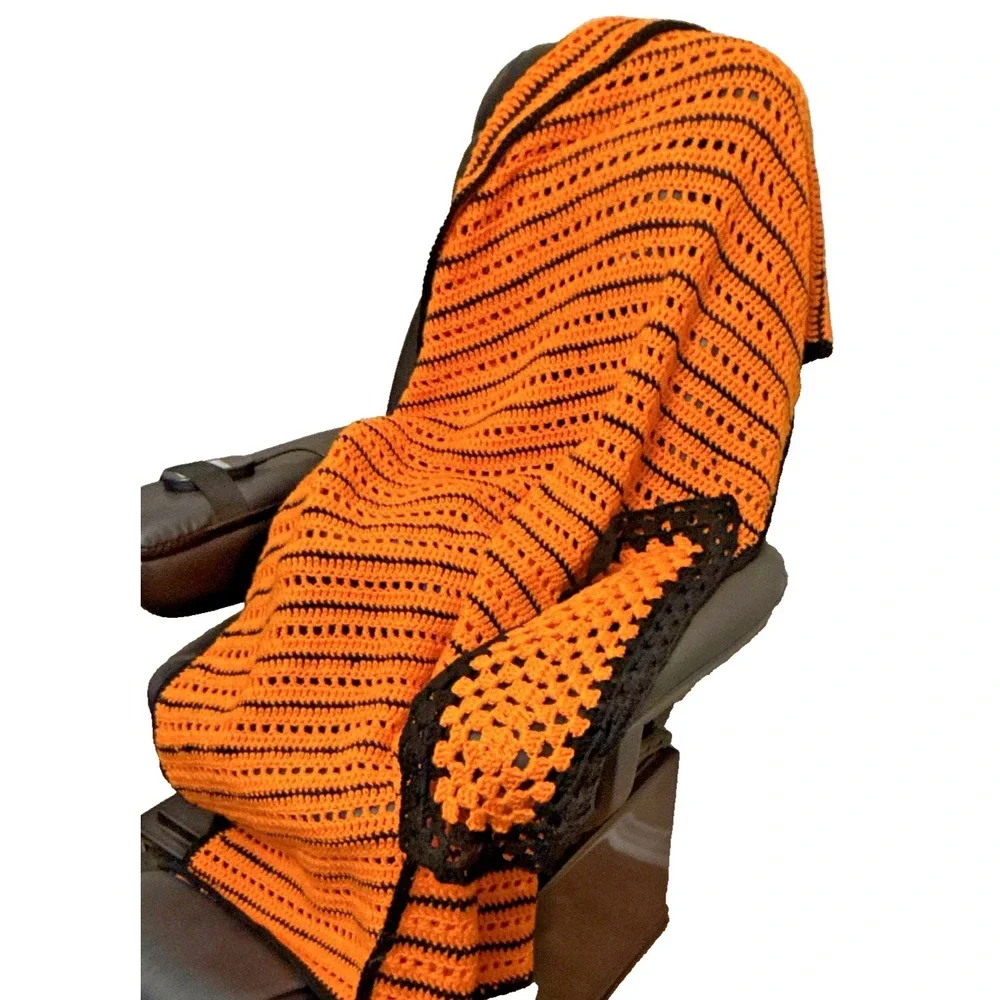 Handmade Crocheted Halloween Jack-o-lantern Throw Blanket Orange Black 60x48